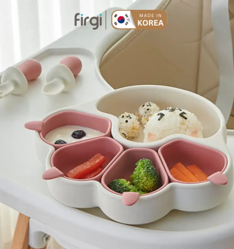 Khay Ăn Dặm Platinum Silicone Firgi Hàn Quốc Hình Mèo Chia Ngăn Có Đế Hít Chống Đổ Cho Bé Ăn Dặm